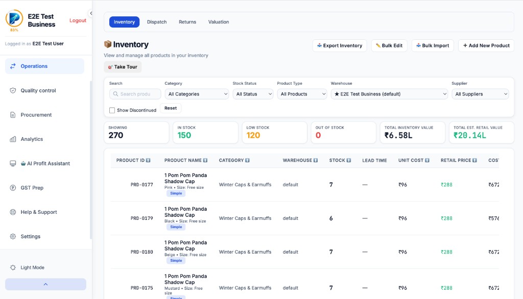 Profitru inventory dashboard with filters, stock KPIs and product listing table